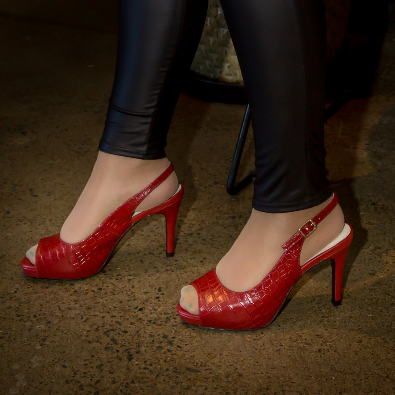 Red Leather Peep Toe Slingback With Platform - Ruby